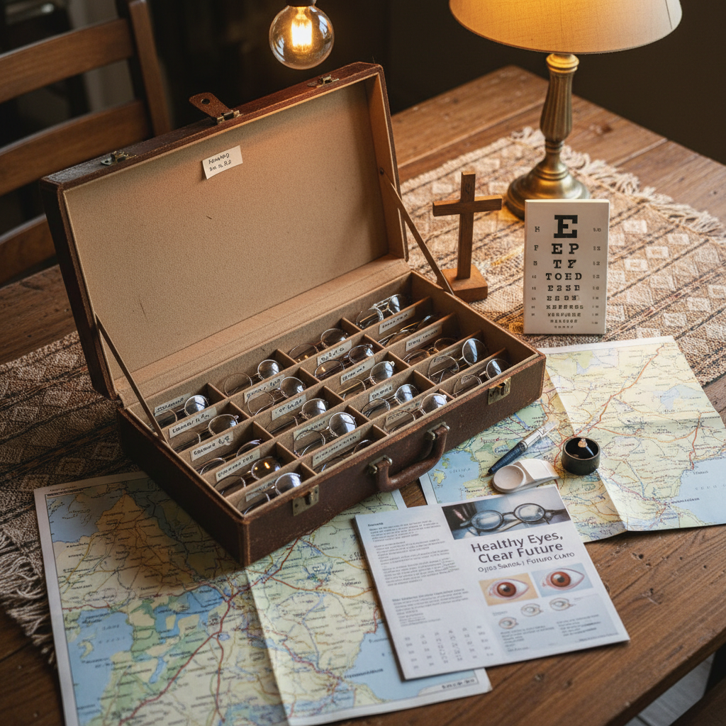 An open, well-worn travel case on a sturdy table, filled with rows of neatly labeled eyeglass frames and basic vision testing tools. Around the case, there are folded maps of Honduras, a simple wooden cross, and a bilingual booklet about eye care, all placed on a textured fabric tablecloth. Warm indoor lighting from an overhead bulb and a side lamp creates soft, even illumination, highlighting the metallic reflections on the frames and the subtle texture of the case. Captured from a slightly elevated angle with balanced composition, the scene feels organized, purposeful, and professional, evoking the quiet preparation before a mission day. Photographic realism with natural, modest colors supports a documentary, storytelling atmosphere.