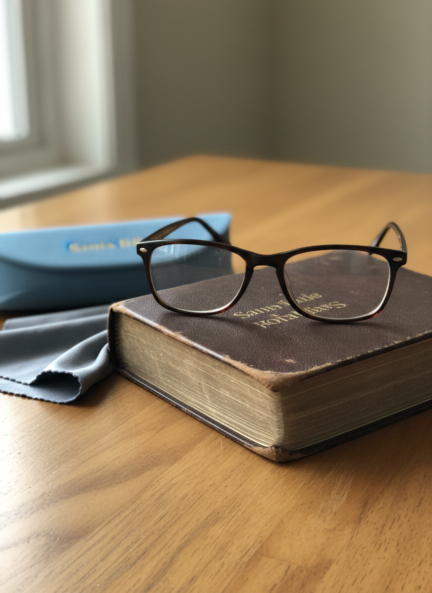 A close-up, photographic view of a single pair of new eyeglasses resting on top of a gently worn Spanish-language Bible on a wooden table. The frames are a classic, dark tortoiseshell with a soft sheen, the clear lenses catching a faint reflection of a nearby window. The Bible’s textured cover and slightly frayed edges hint at years of use, while a simple cloth eyeglass case and folded microfiber cloth sit beside them. Natural window light from the side casts delicate shadows and highlights the textures of leather, wood, and plastic. Captured with a shallow depth of field and centered composition, the image feels intimate, contemplative, and hopeful, embodying the connection between vision care and faith-driven service.